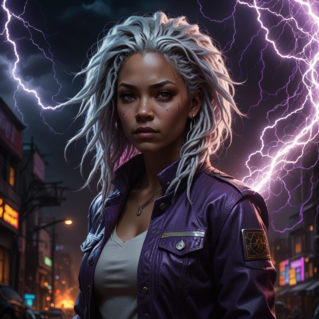 Heroic Woman with Purple Dreadlocks in Electric Storm