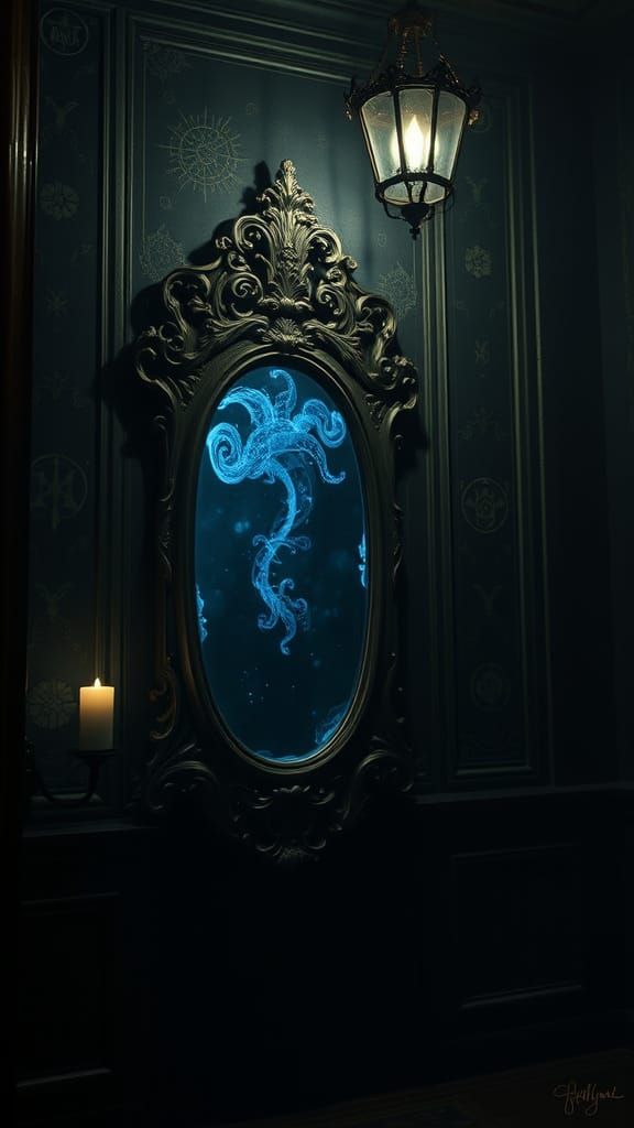 Ominous Chamber with Glowing Mirror in Doré Style