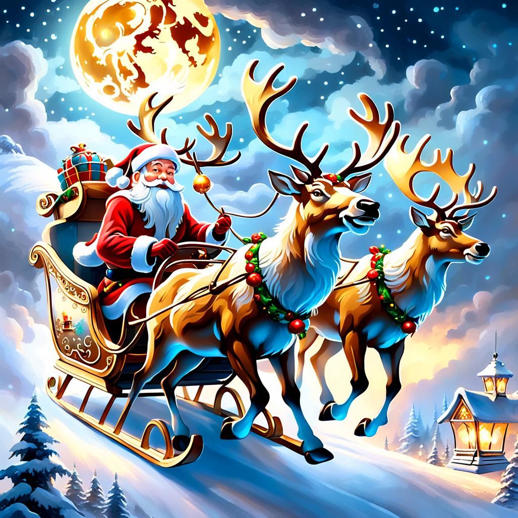 Santa's Ethereal Sleigh Ride in Golden Moonlight