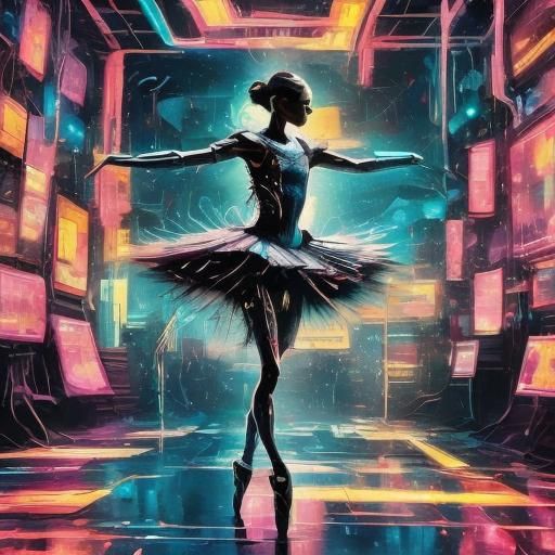 Neon Robot Ballerina Sculpture in Synthwave Style