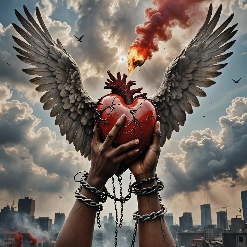 Hands Holding Heart to Heaven in Dramatic Sky