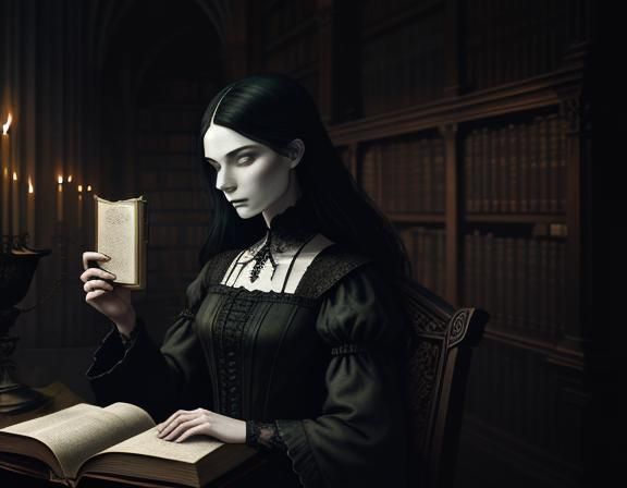 Gothic Book Illustration: Female Reading in Library