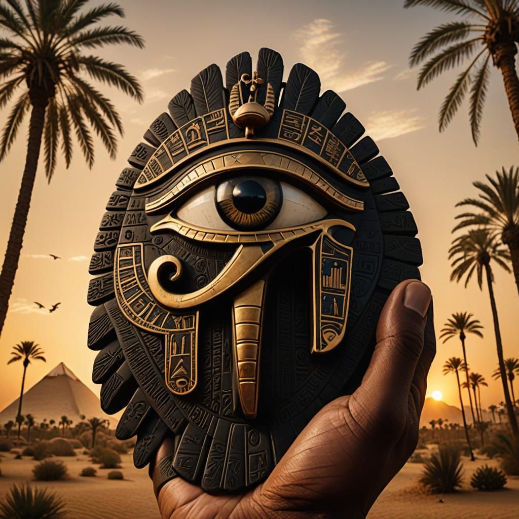 Majestic Black Egyptian Eye of Horus in Golden Landscape at...
