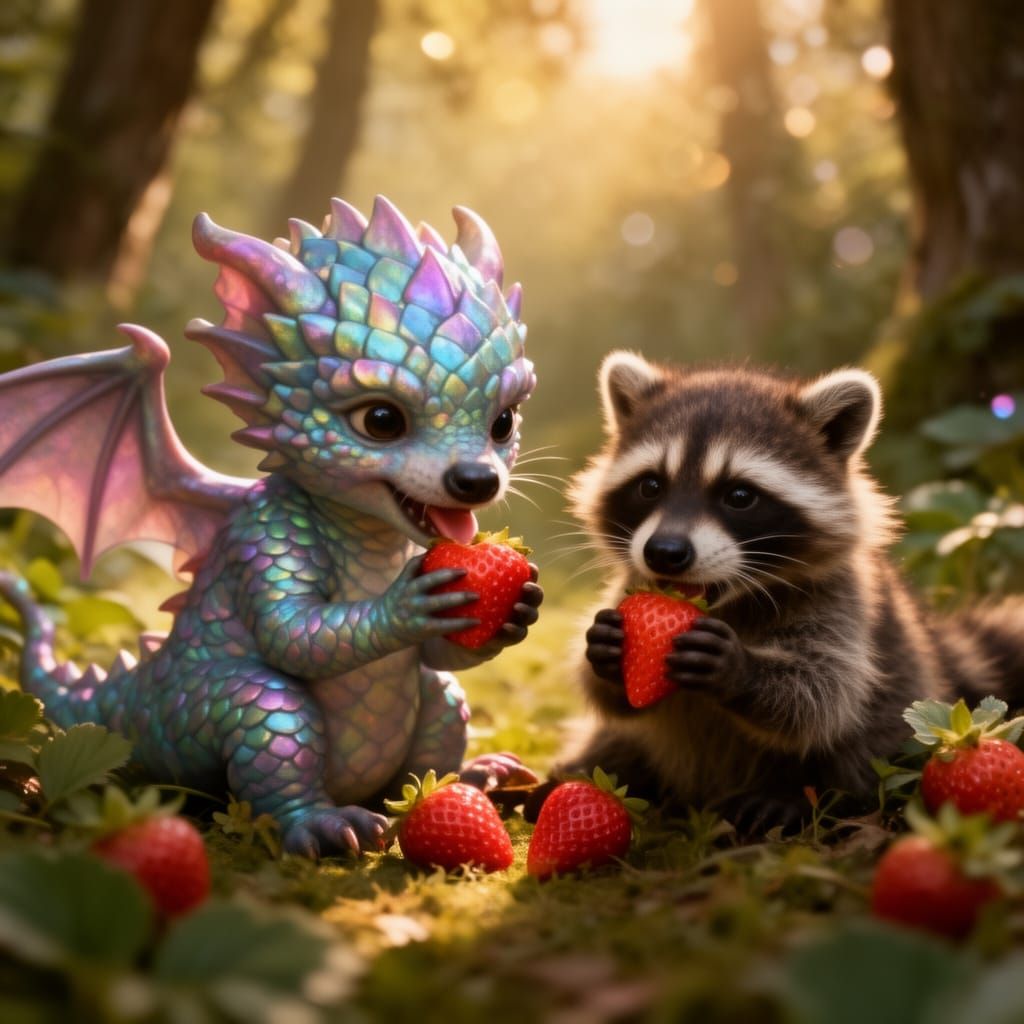 Baby Dragon and Raccoon Eating Strawberries in Forest Glade