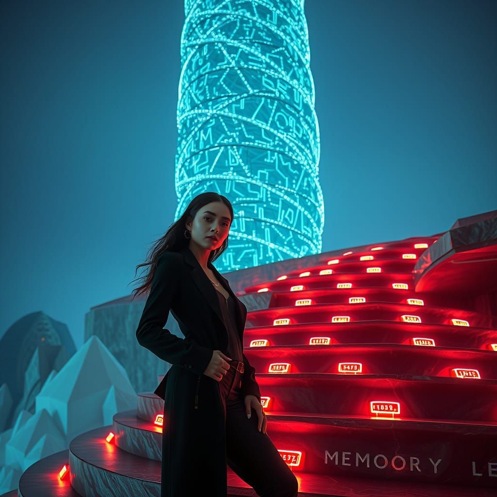 Futuristic Fashion Portrait with Neon-Lit Tower