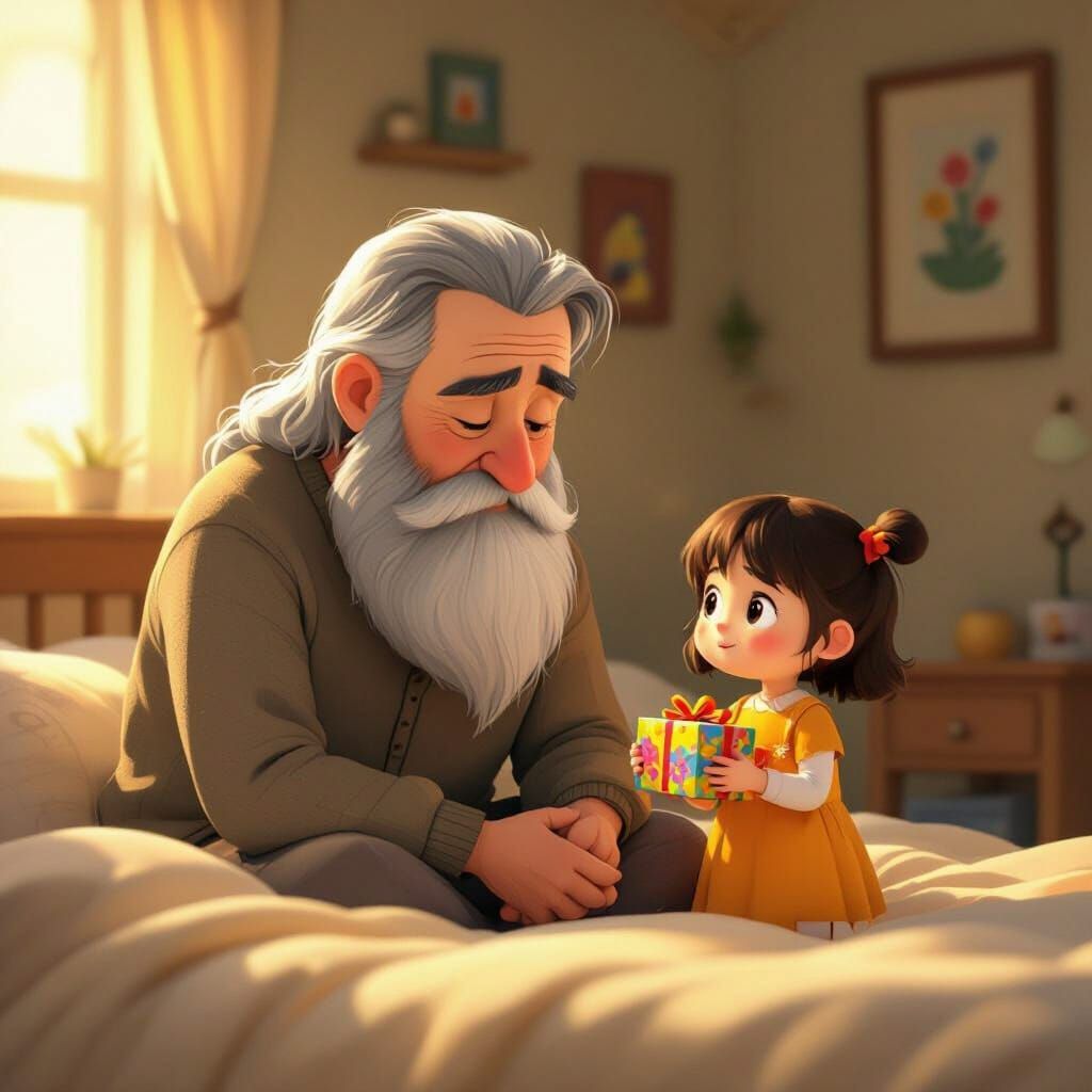Sad Old Man Receives Gift: Cartoon Style Illustration