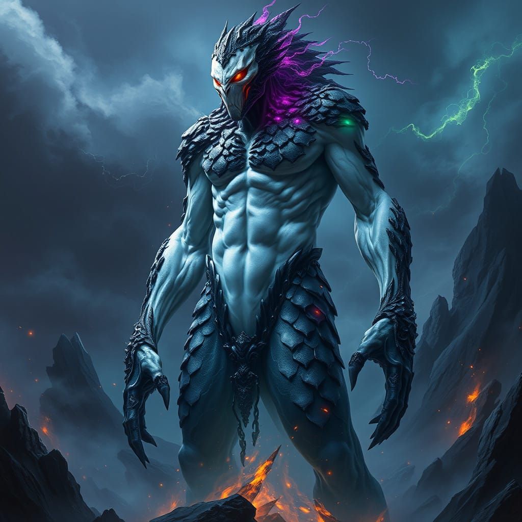 Enigmatic Giant, Half-Man, Half-Monster, in a Dark, Dreamlik...