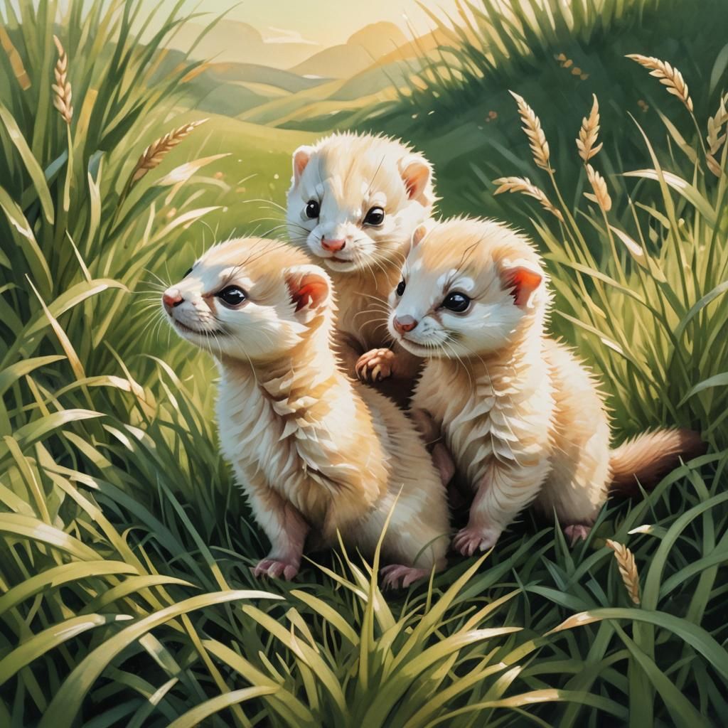Playful Ferrets in Sunlit Meadow: Wildlife Illustration