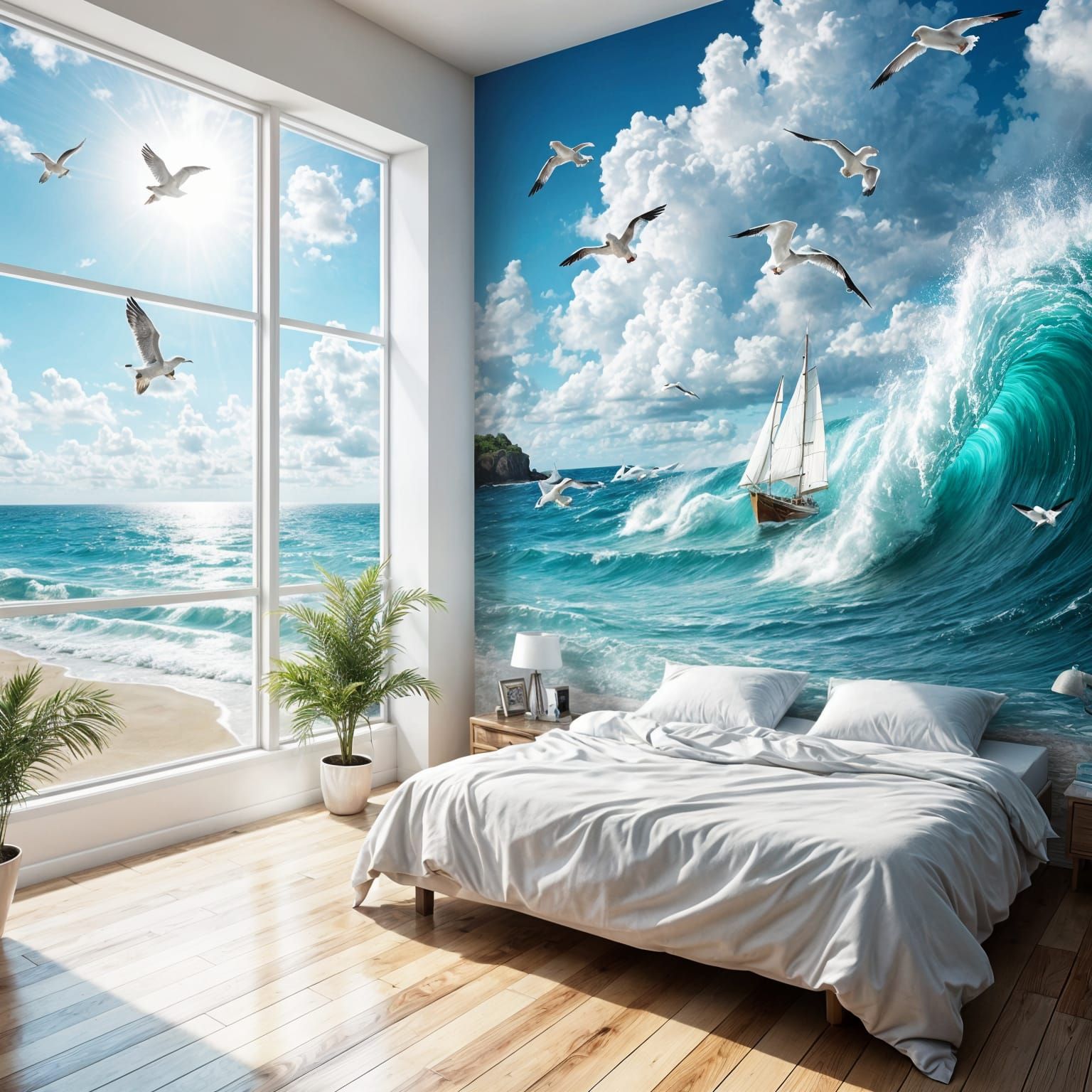 A bedroom in summer where ocean waves are crashing from the wall into the room