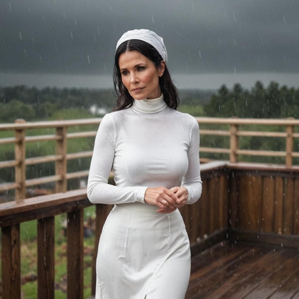 Elegant Woman in Rain with White Head Covering