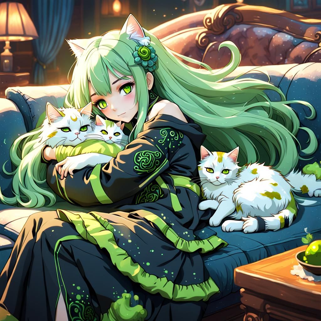 Anime Girl with Cat: Detailed Digital Painting