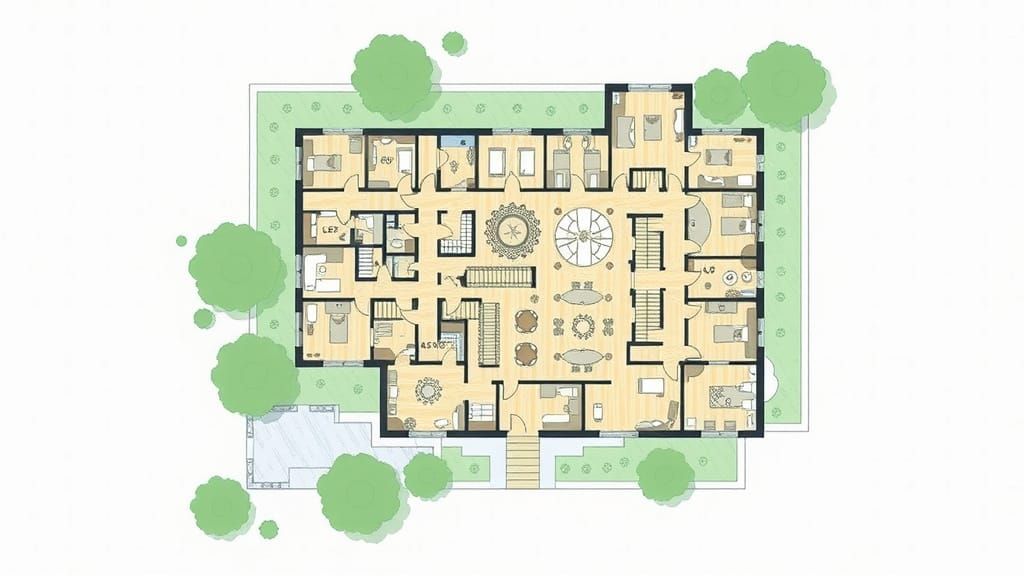 Modernist Castle Floor Plan with 30 Rooms and Four Stories
