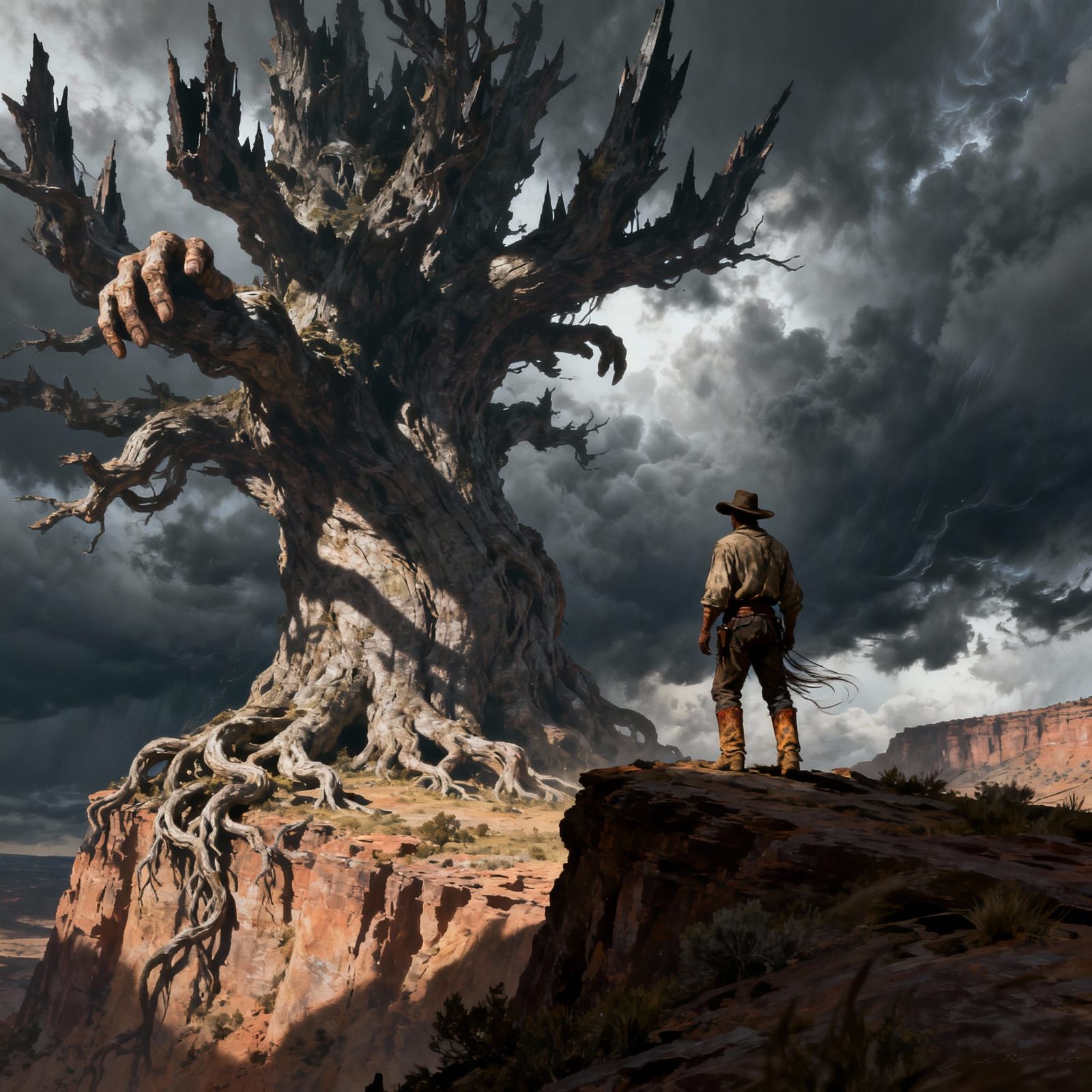Cowboy Gazes at Ancient Tree on Windswept Mesa
