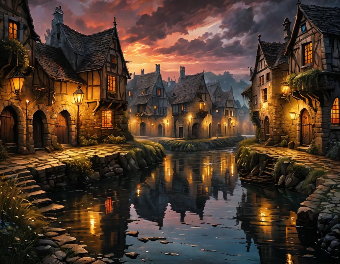 Medieval Town Street River Acrylic Painting