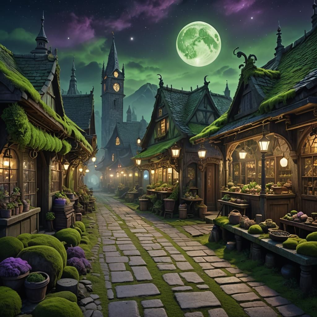 Mystical Antique Market at Night in Fantasy Concept Art