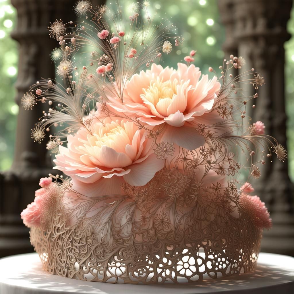 Magical Fractal Wedding Cake in Sunlit Forest