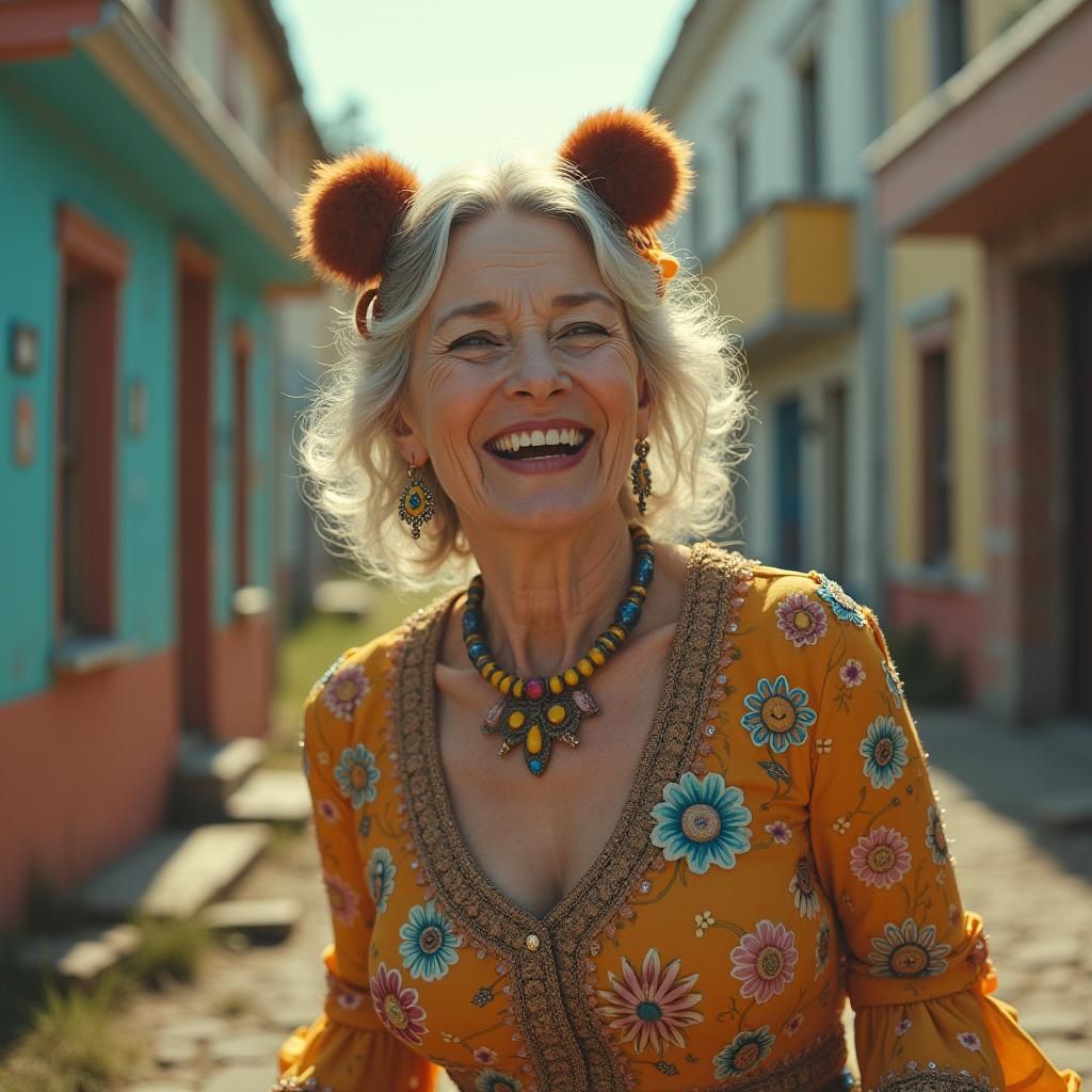 Happy Elderly Woman in Abandoned Amusement Park
