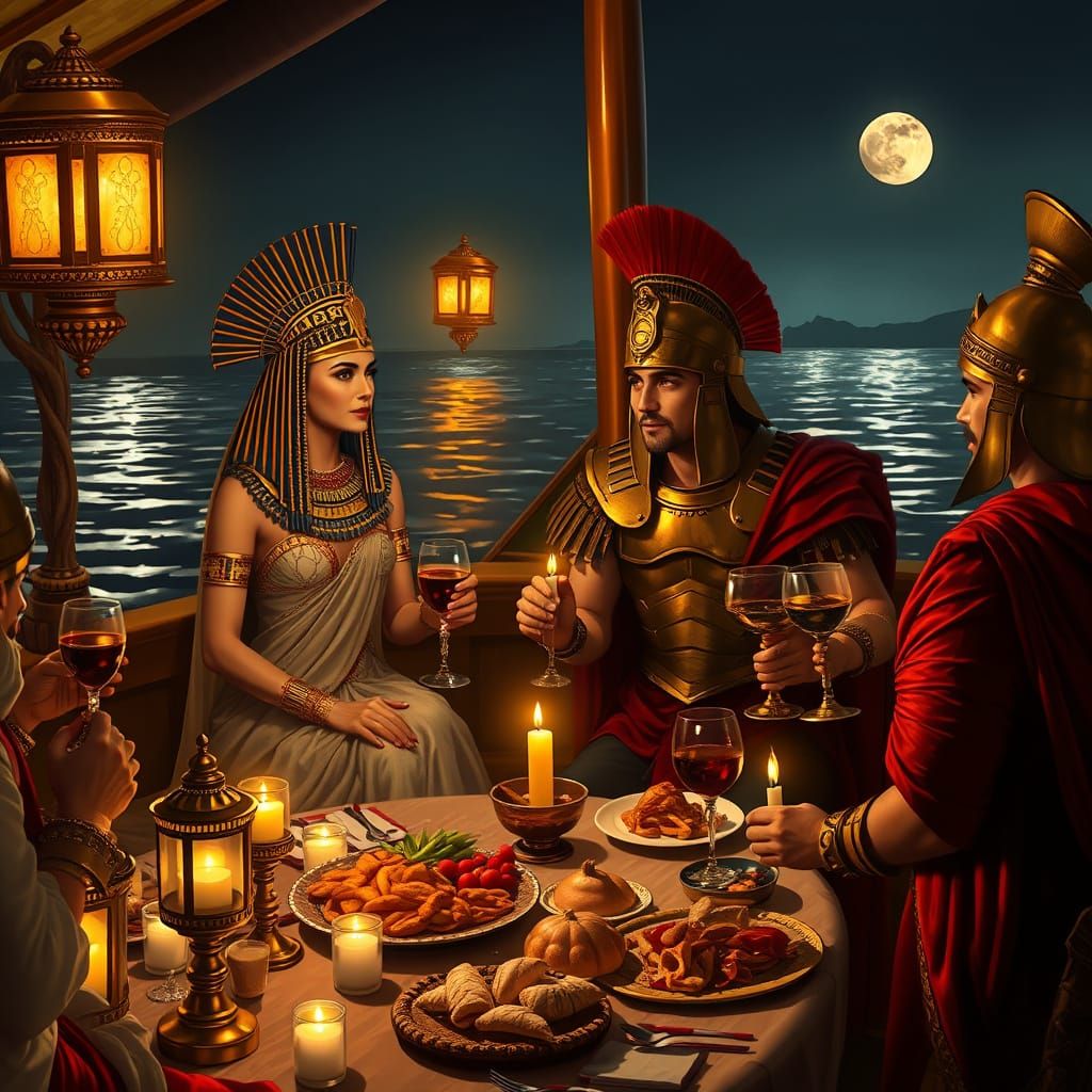 Egyptian Queen and Roman Soldier in Luxurious Moonlit Feast
