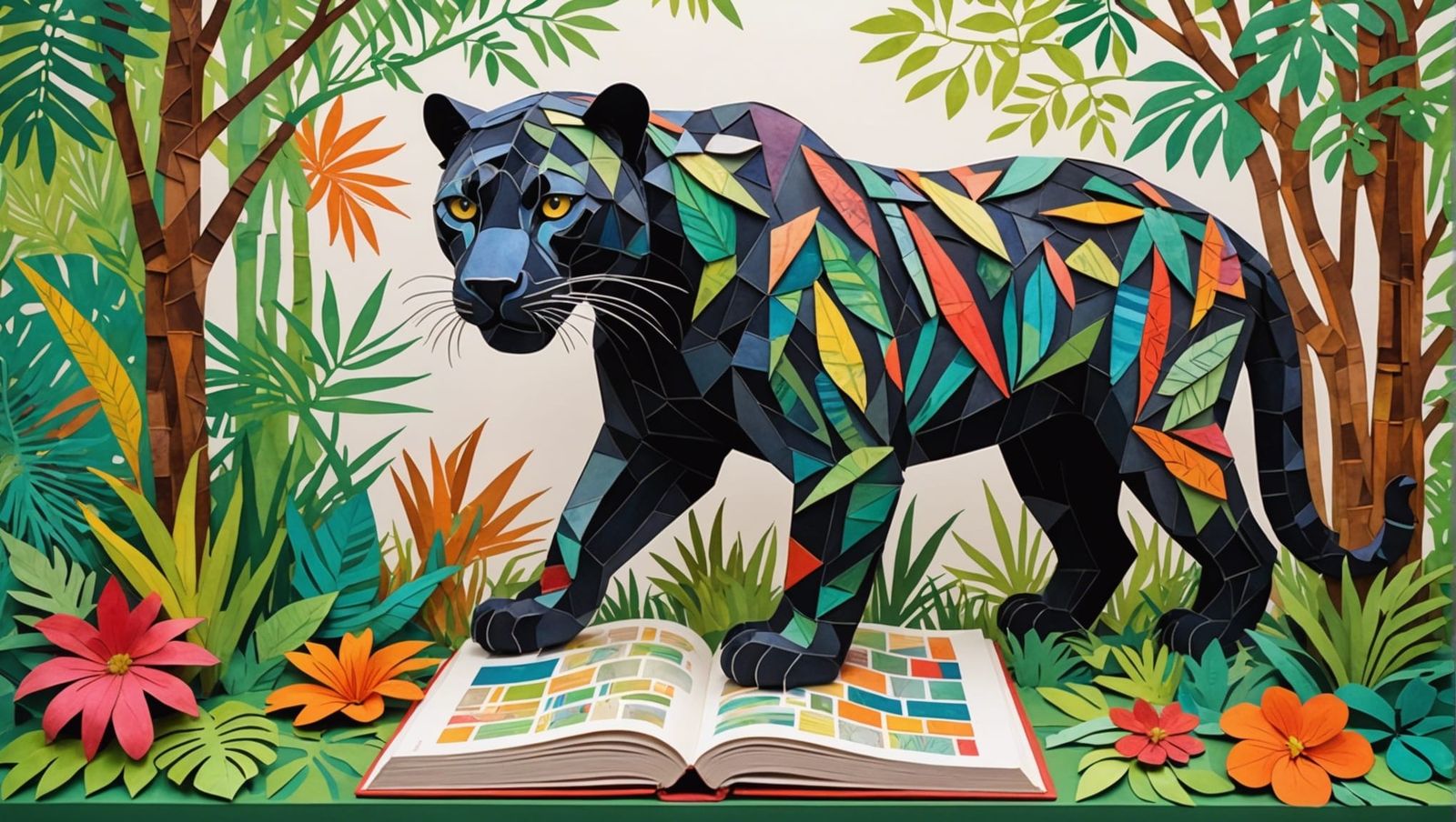 Panther Made of Books in Jungle Scene
