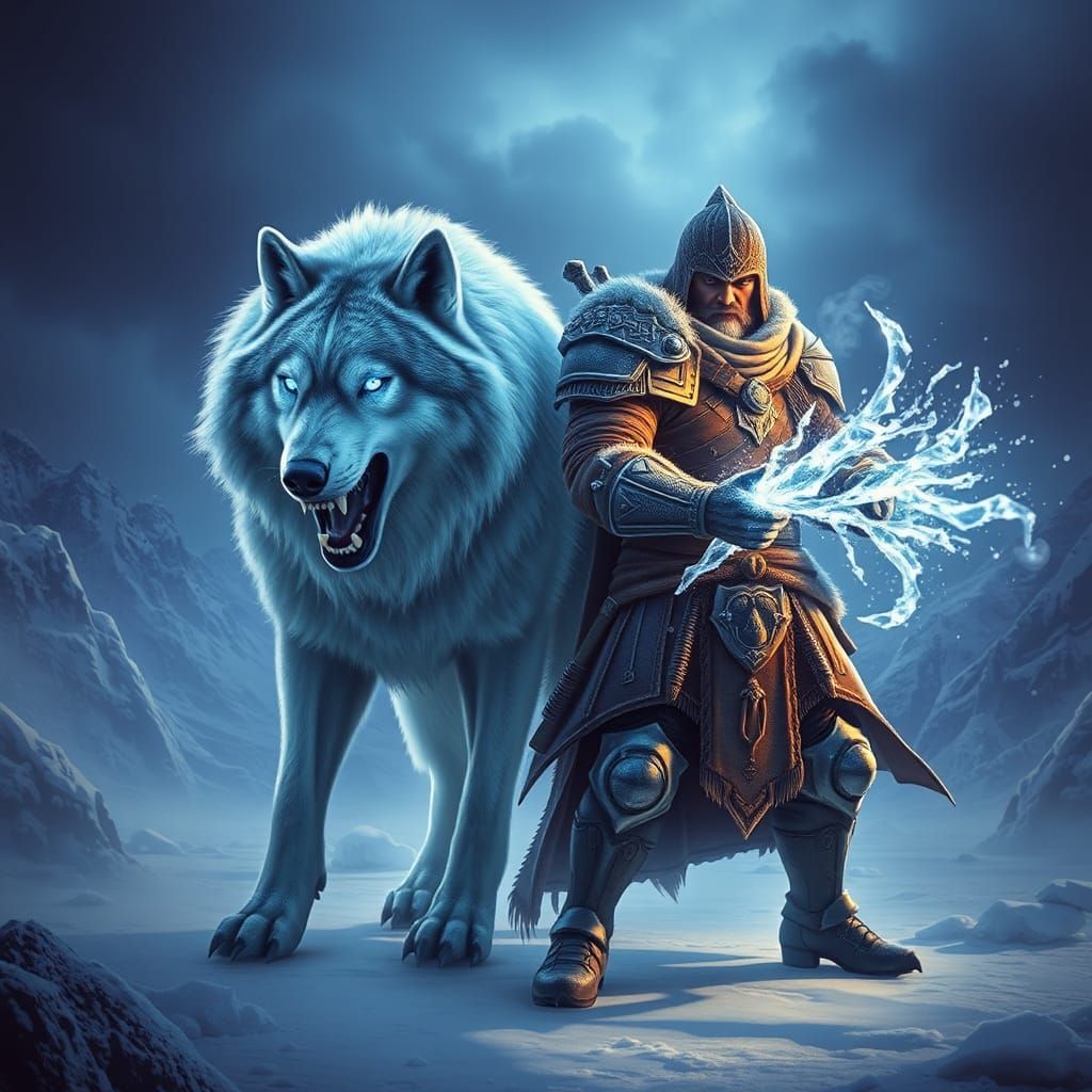 Icy Wolf and Warrior in Frozen Wasteland