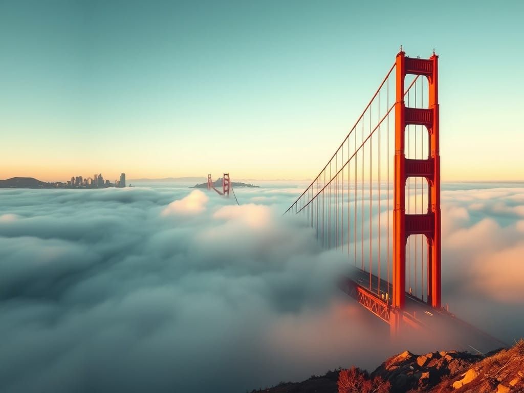 Golden Gate Bridge Emerges from Morning Fog in Vibrant Hyper...