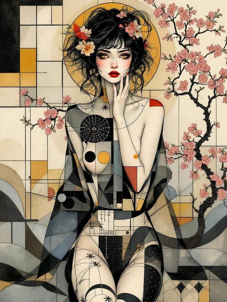 Art Nouveau Pin-Up in Garden of Cherry Blossoms