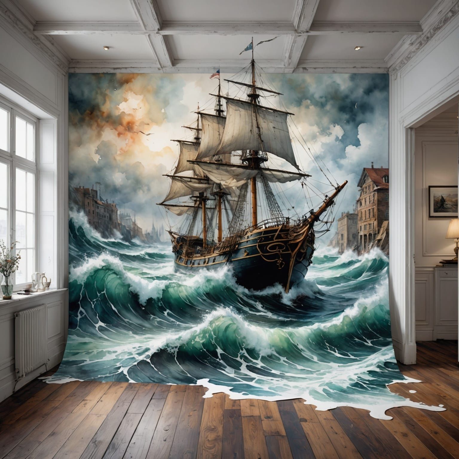 a sailing ship sailing on tumultuous waves that burst into t...