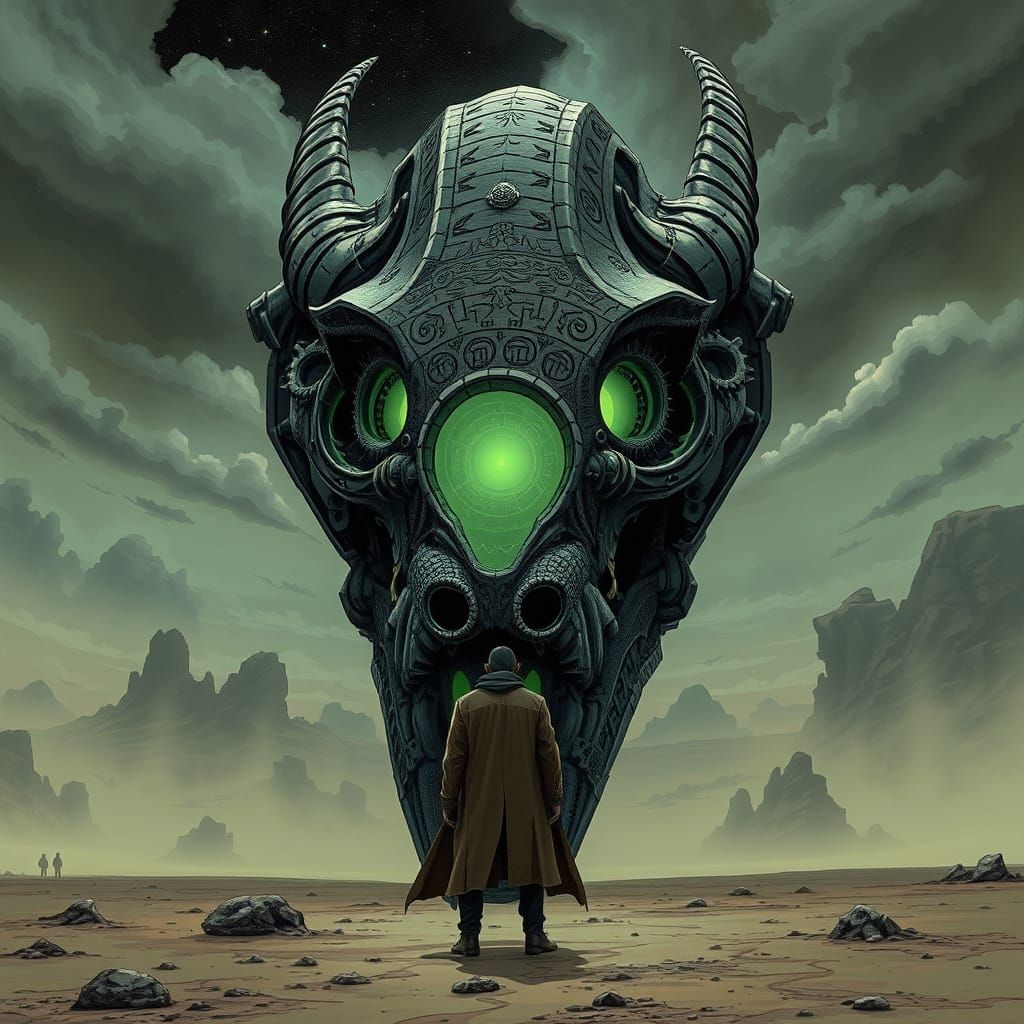 Biomechanical Dragon Skull in Alien Landscape