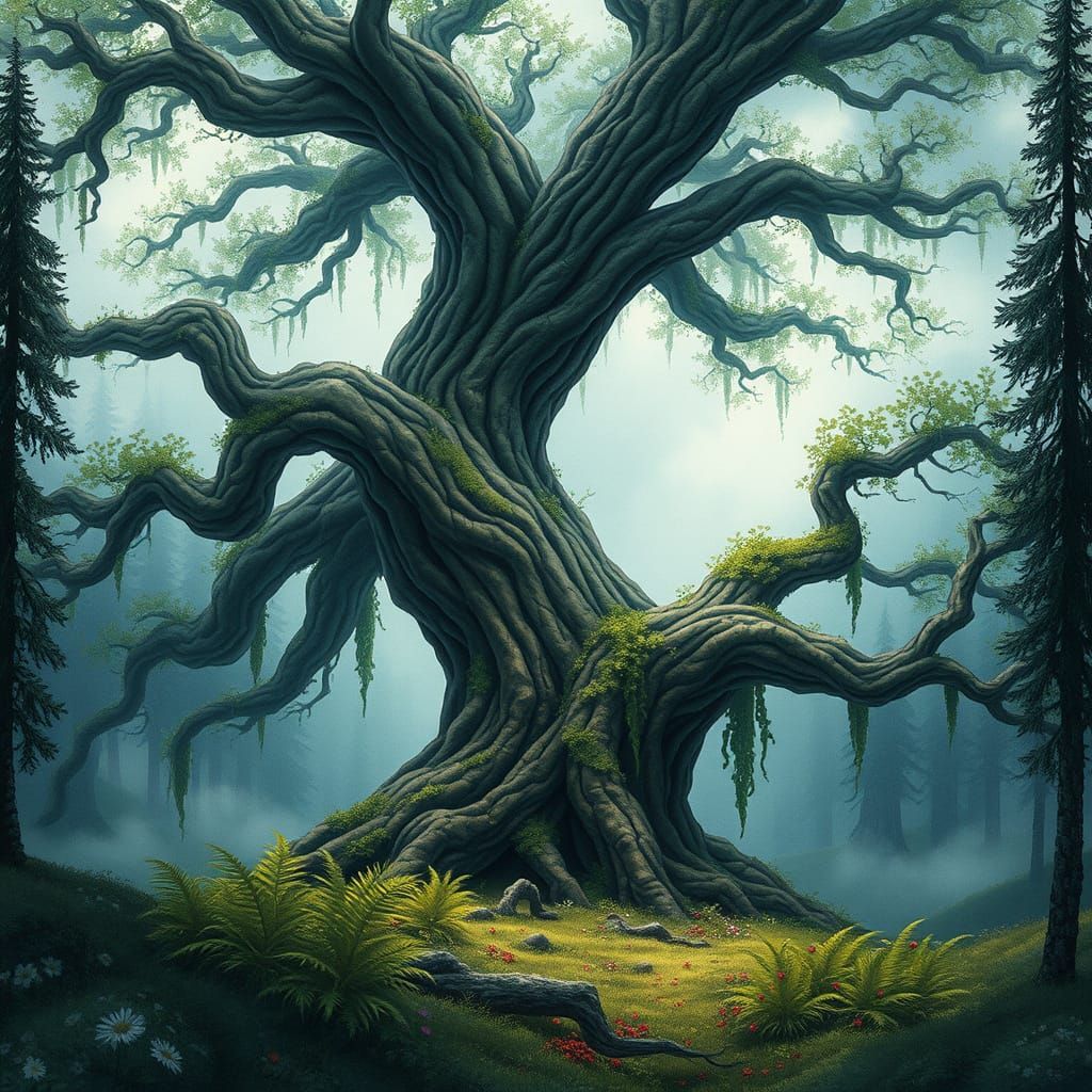 Ancient Tree Majestic in Mystical Forest Landscape
