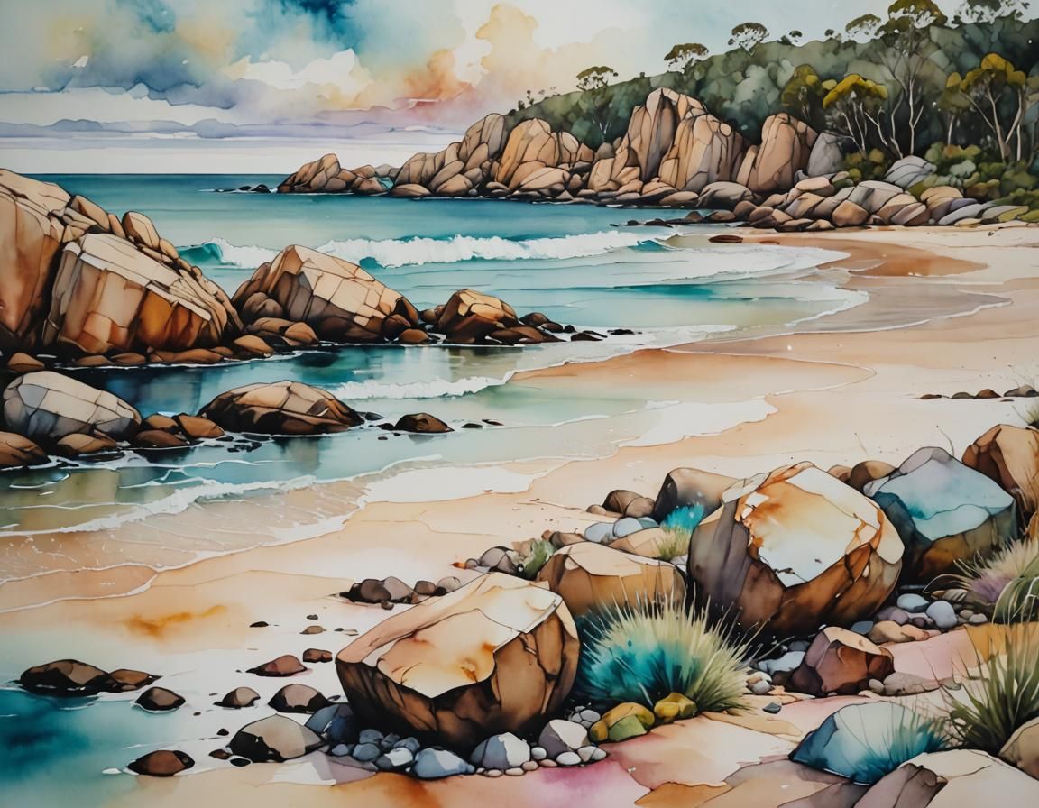 Serene Australian Beach in Alcohol Ink Style