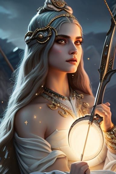 Teen Moon Goddess with Silver Bow, Art Nouveau