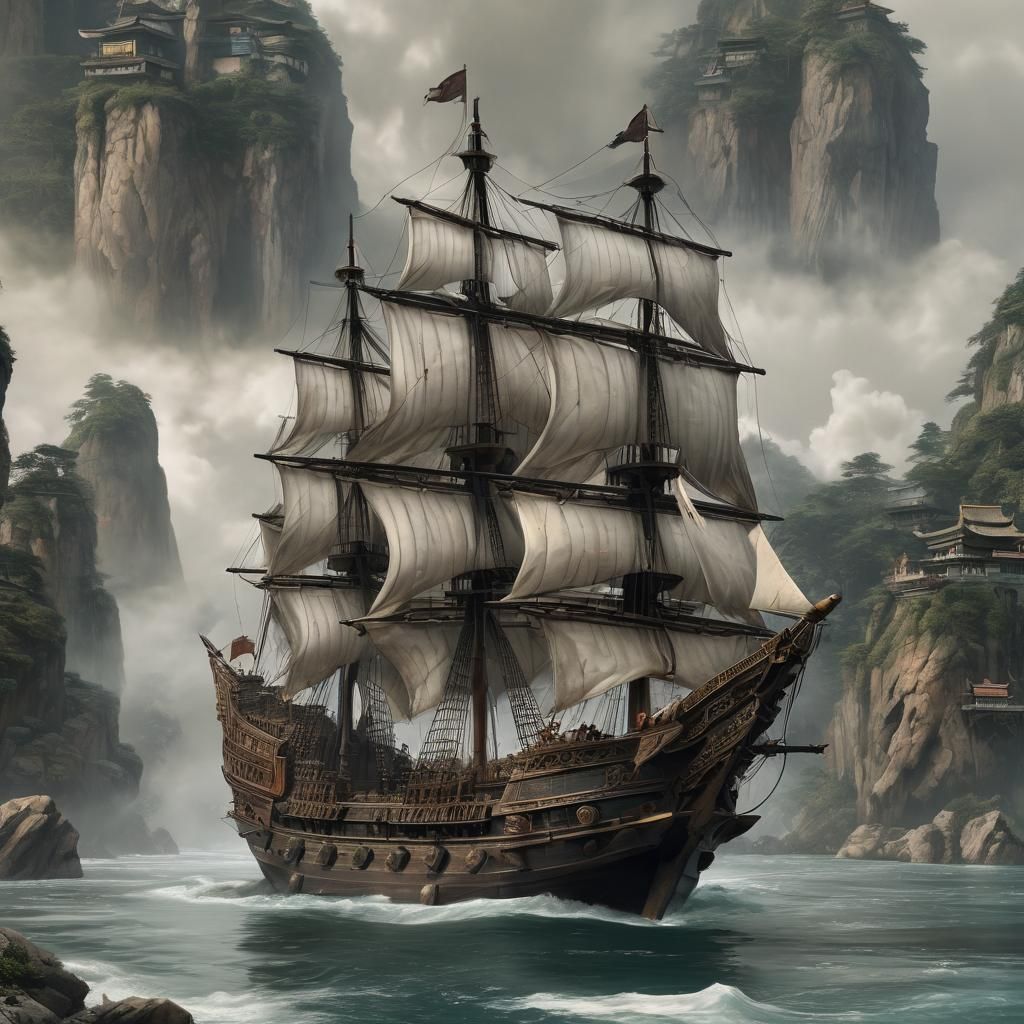 Hyperrealistic Fantasy Chinese Ship on the Sea