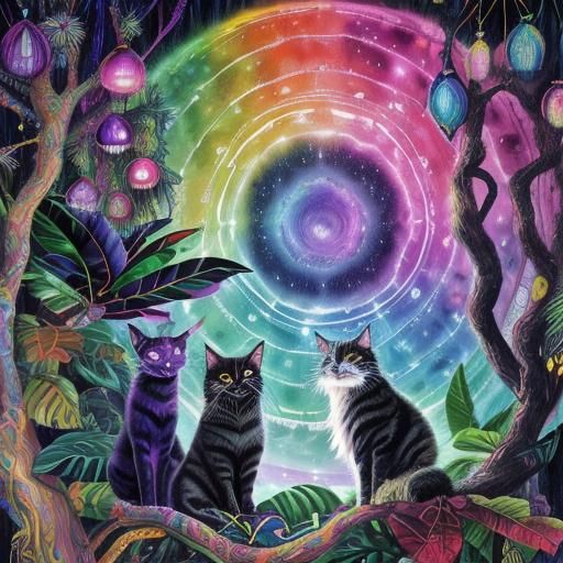 Psychedelic Dream Cat Peace Sign in Velvet Painting