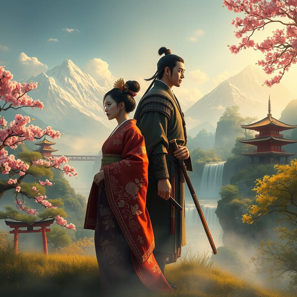 Ancient Japanese Samurai Couple in Serene Landscape