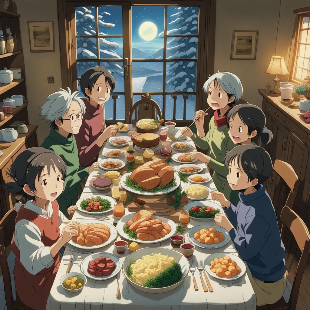 Family Christmas Dinner in Studio Ghibli Style