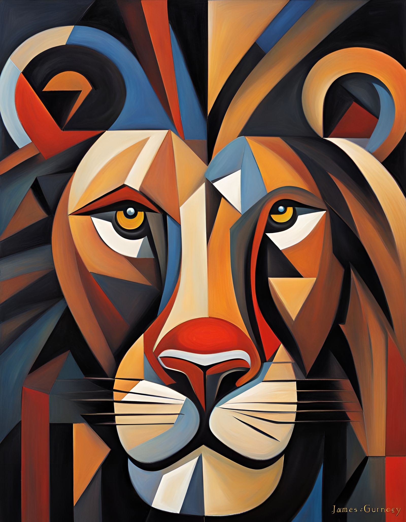 Lion Portrait in Abstract Cubist Oil