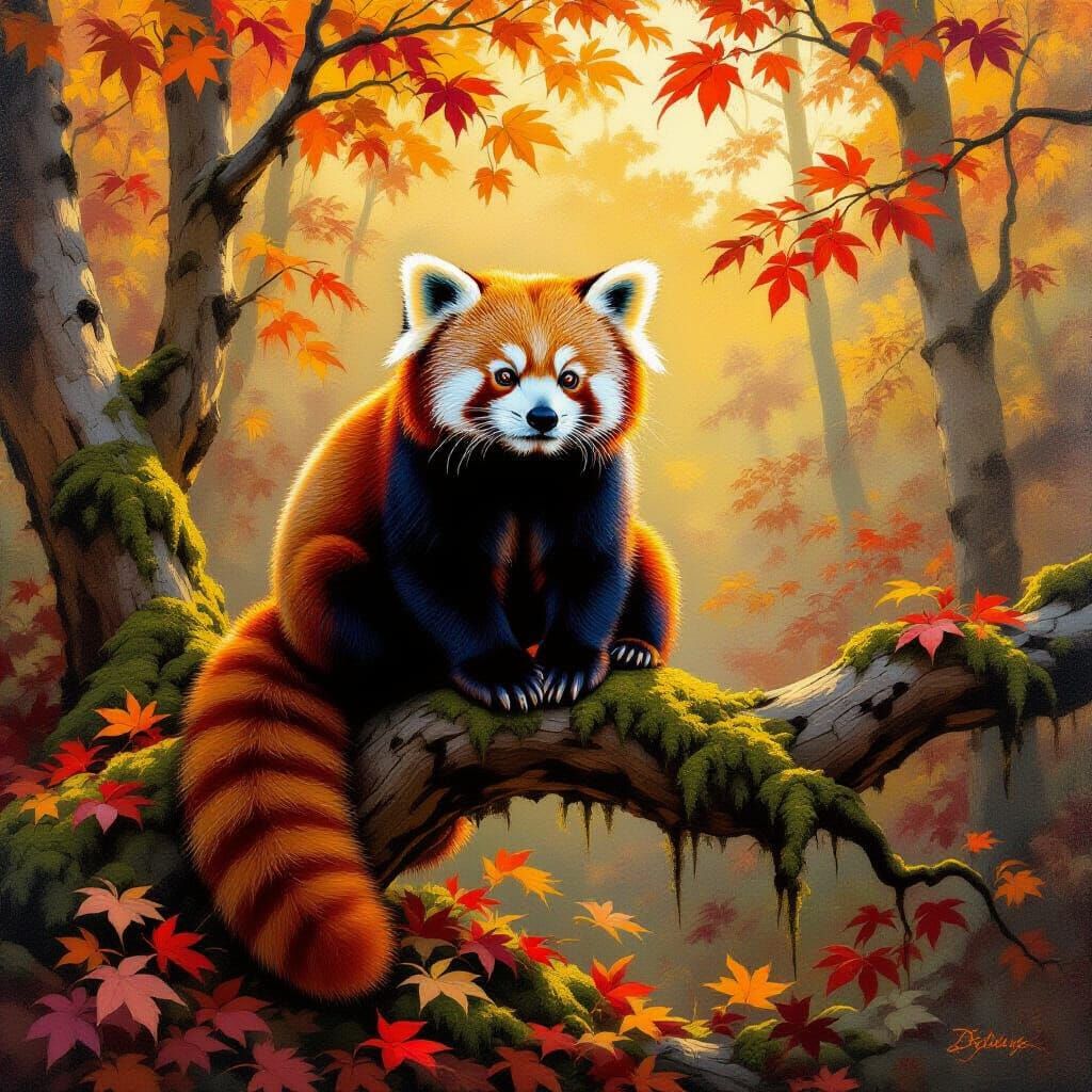 Red Panda on Ancient Branch in Autumn Forest