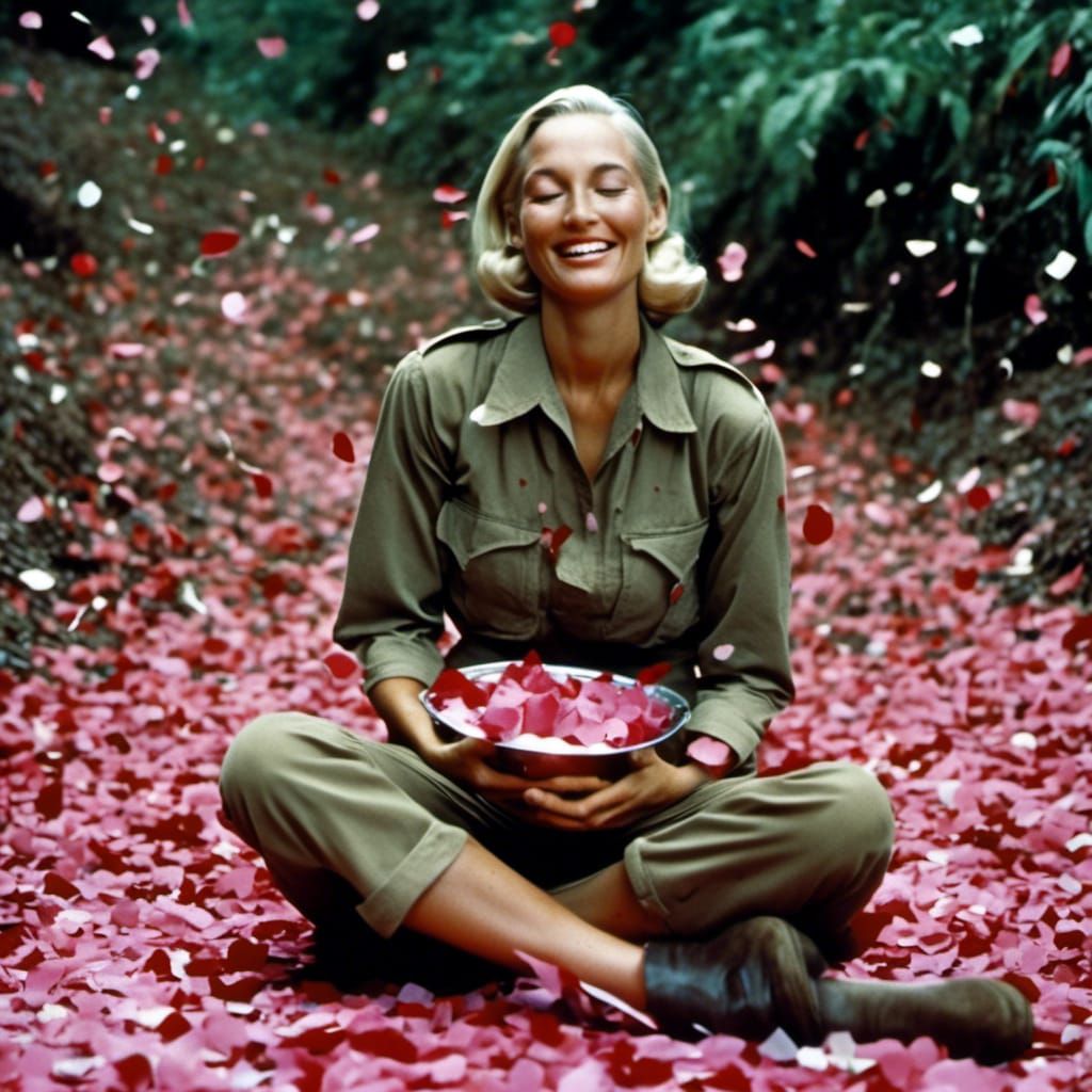 Smiling Woman in Jungle with Flower Petals