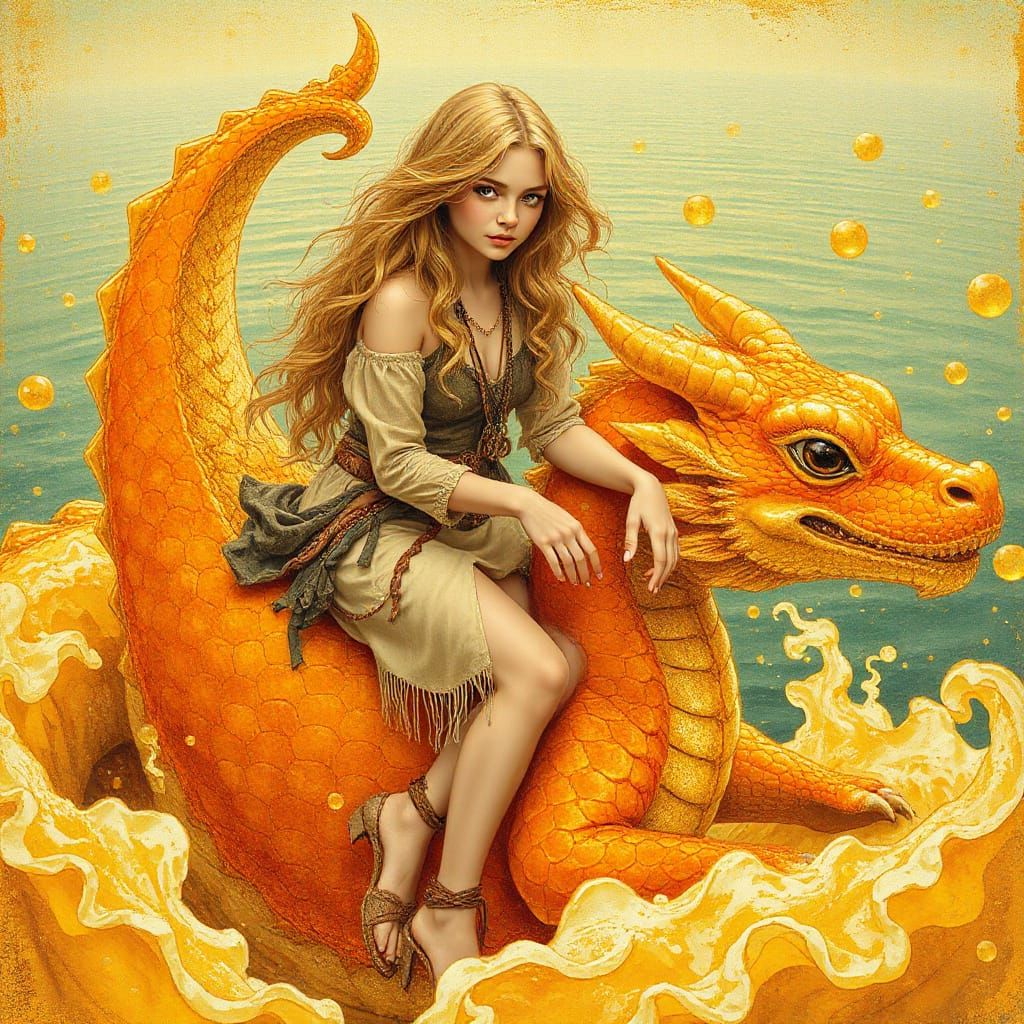 Bohemian Woman on Gummy Dragon in Soda Sea