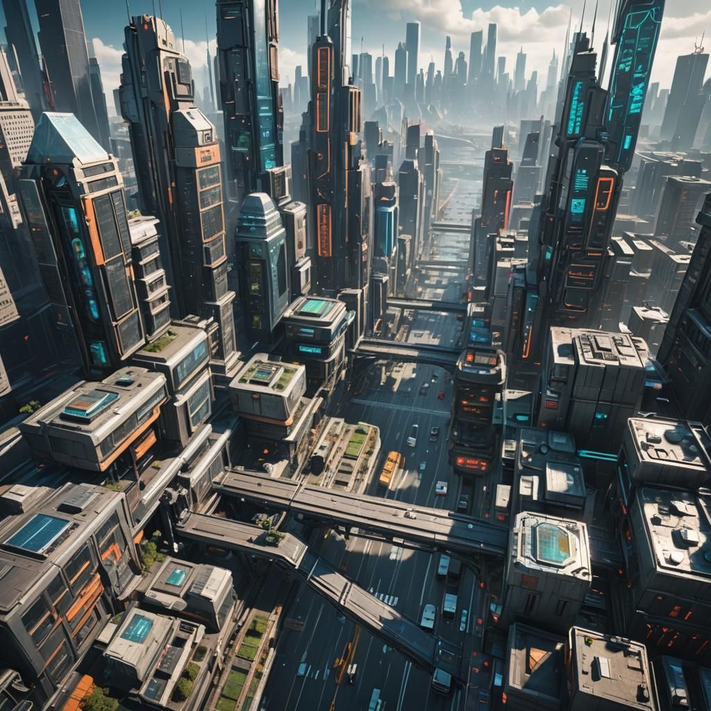 Cyberpunk and Solarpunk Cityscape with Crystalline Bridges