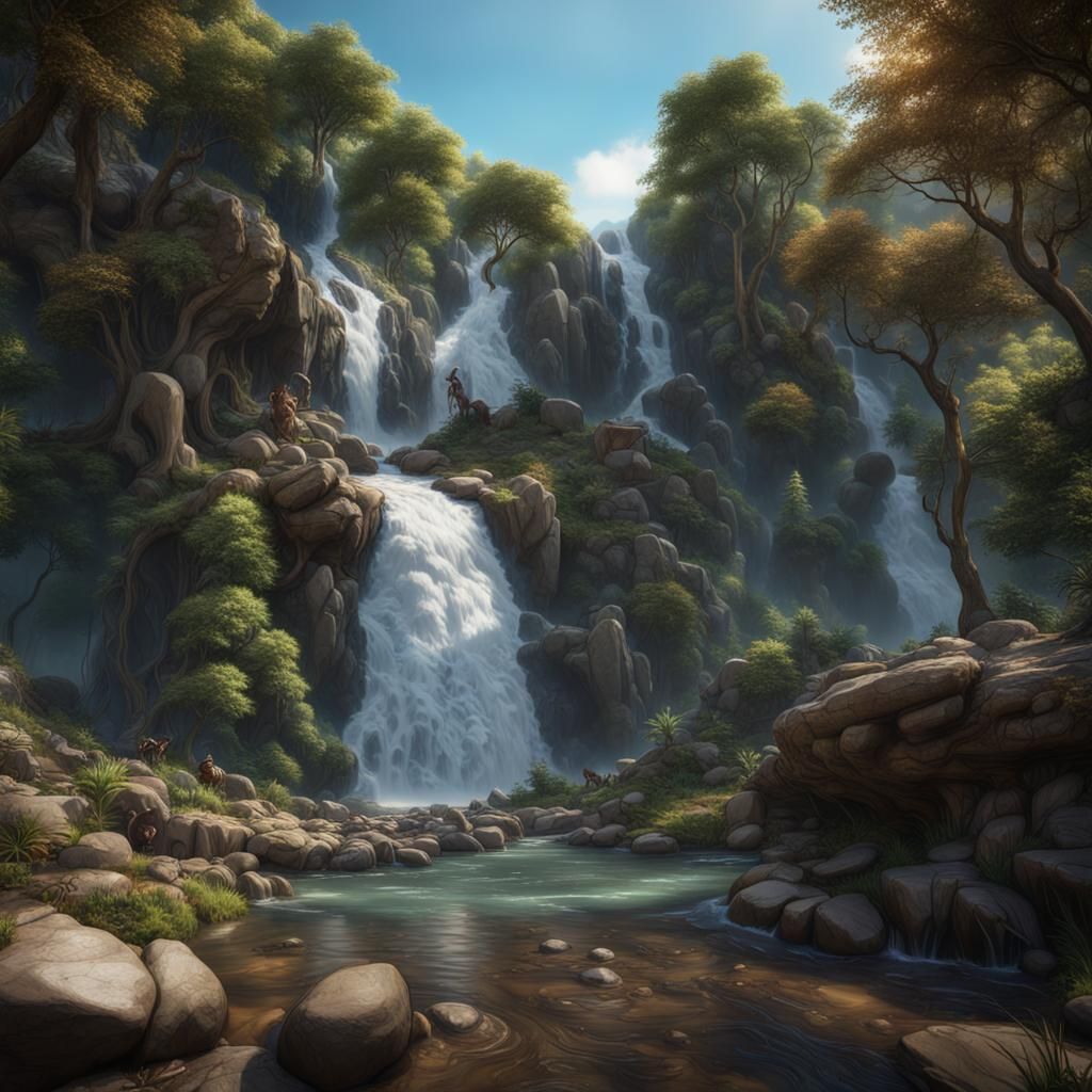 Lush Waterfall Scene in Fantasy Style