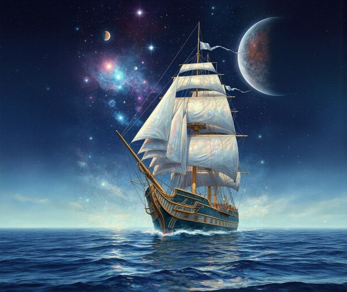 Art Deco Ship on Liquid Starlight Sea