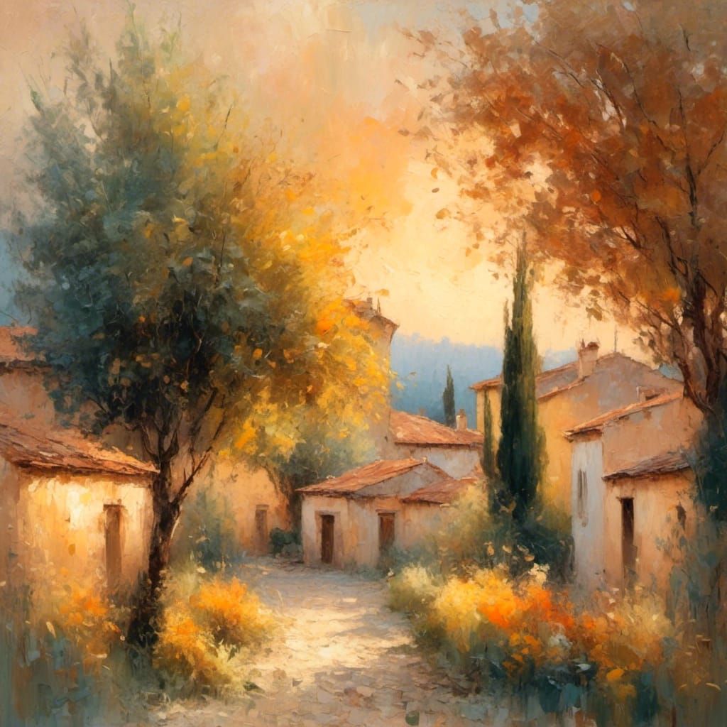 Bustling Village Sunset in Provence, Impressionist Style