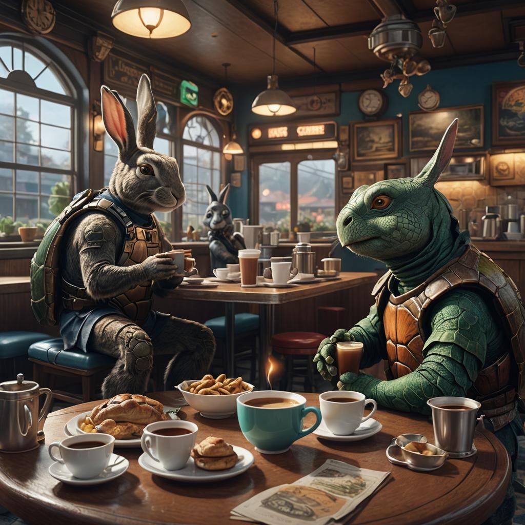 Rabbit and Turtle Coffee at Diner, Detailed Digital Art
