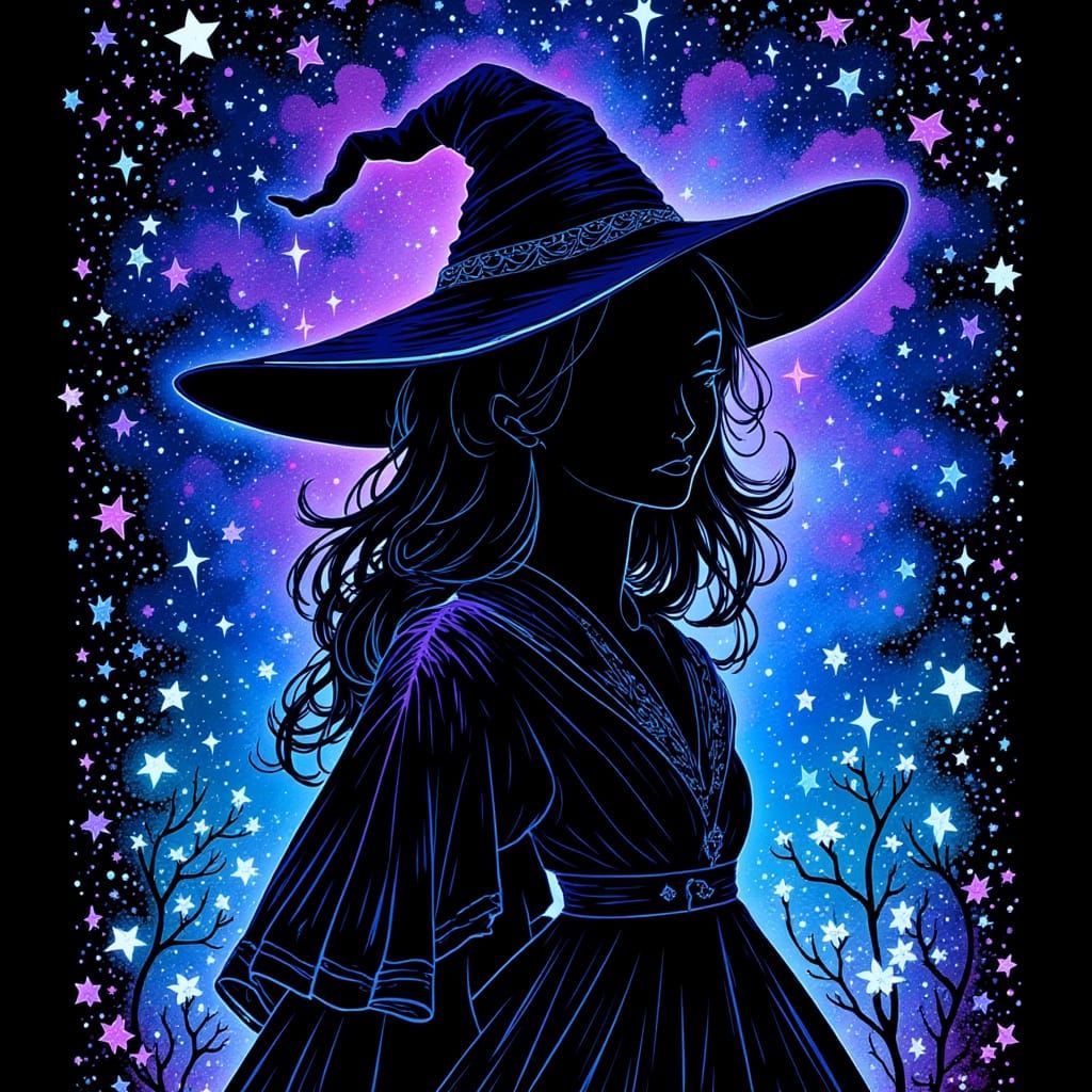 Celestial Witch Silhouette with Midnight Sky Theme