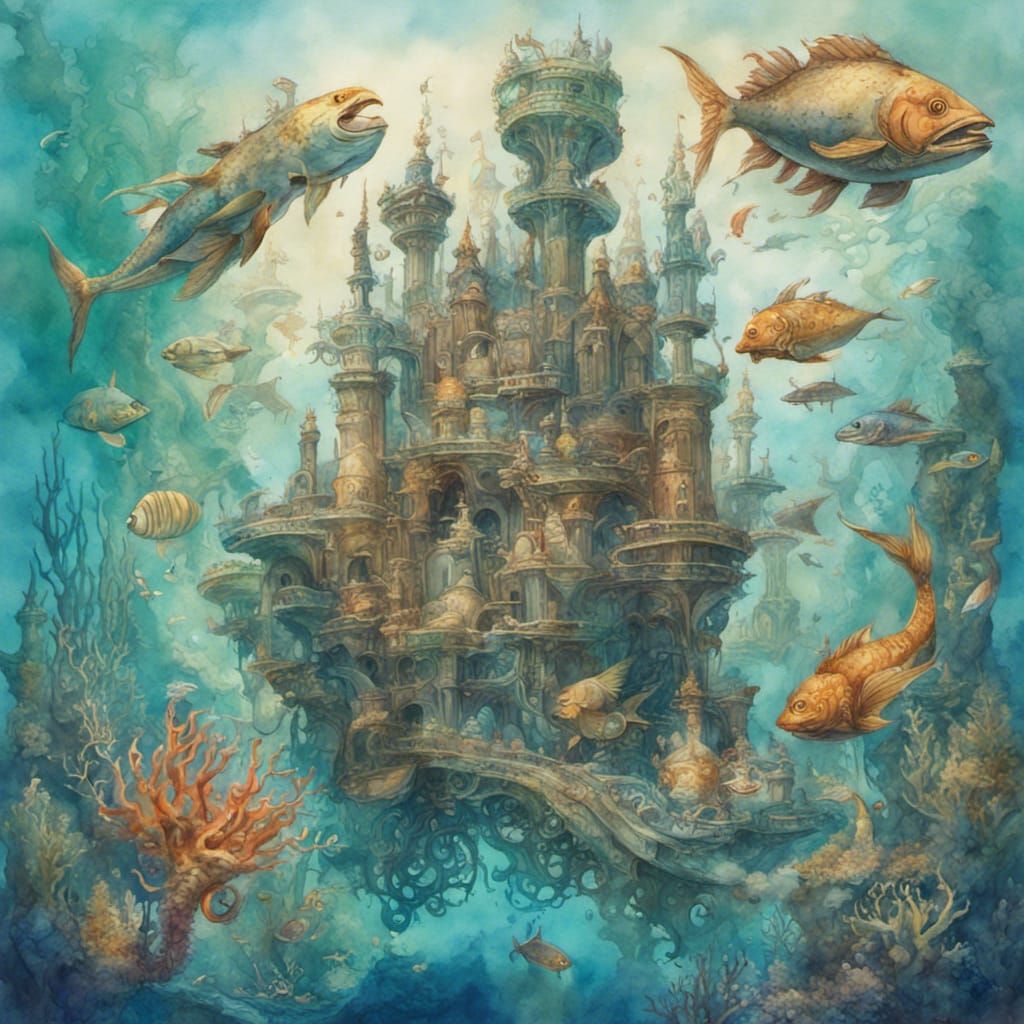 Watercolor Painting of Atlantis with Merfolk and Coral
