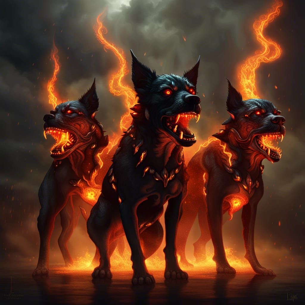 Three-Headed Demon Dog in Fiery Dark Fantasy