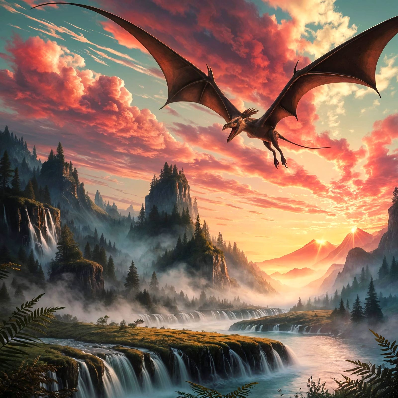 Majestic Pteranodon Soaring Above Jurassic Landscape