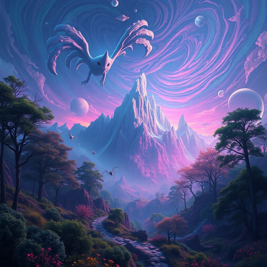 Surreal Alien World with Earthly Flora and Fauna