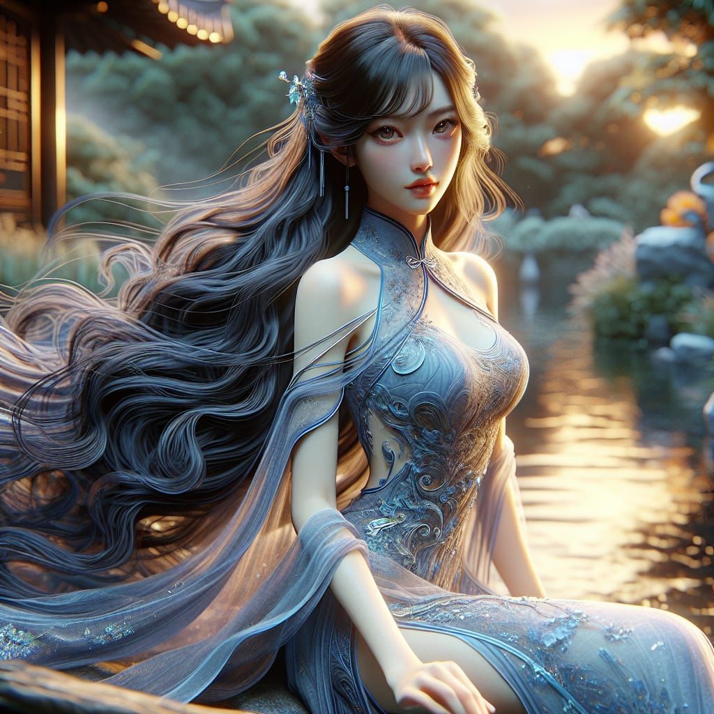 Regal Donghua Beauty in Serene Garden Setting